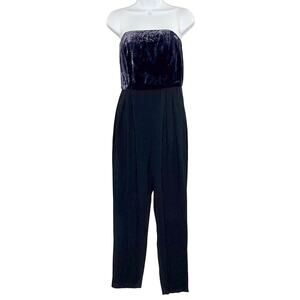 Per Se by Carlisle Strapless Velvet Tapered Straight Leg Jumpsuit 6 Navy Black